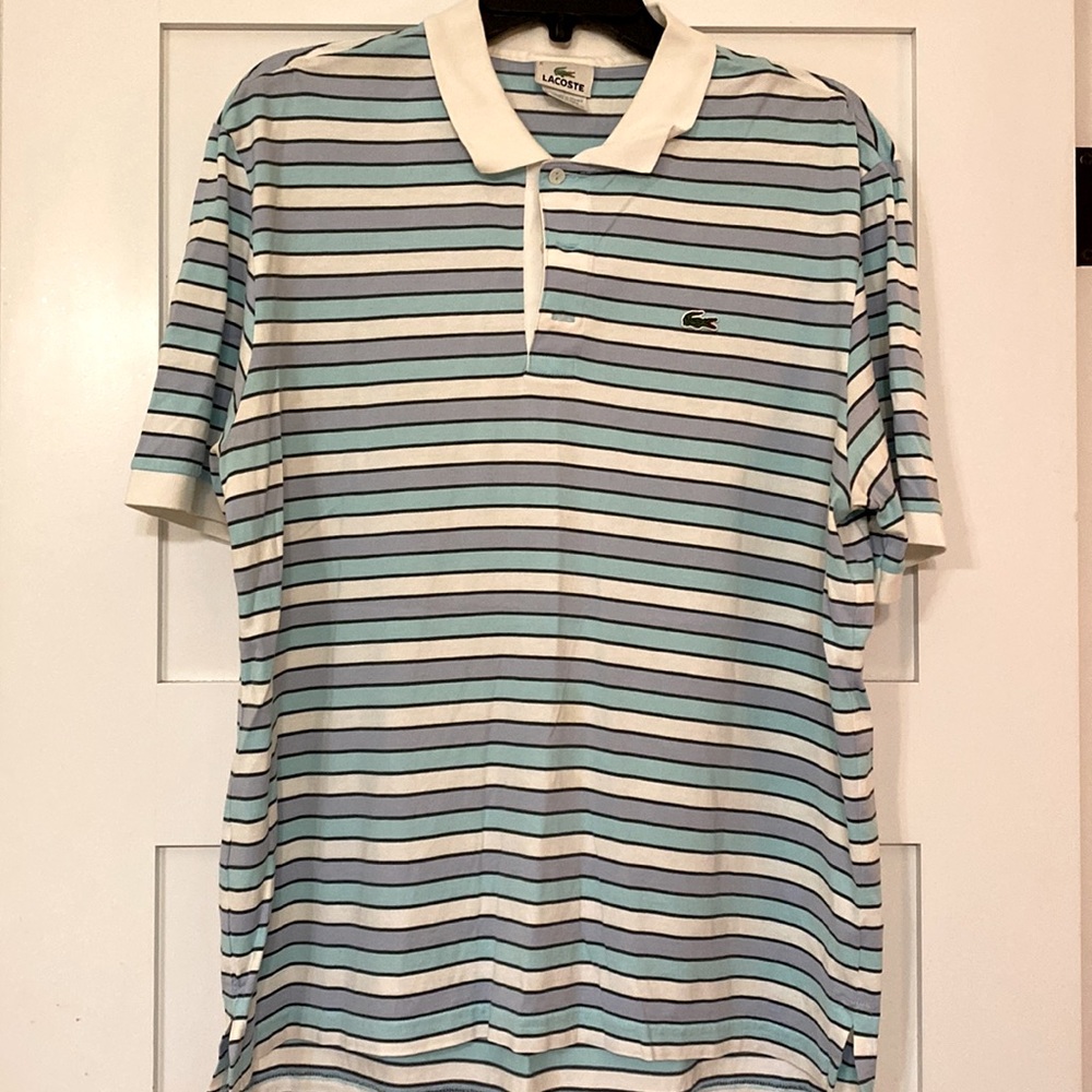 Lacoste Mens Short Sleeve Polo. Size 6. White, lavender and light blue stripes.
